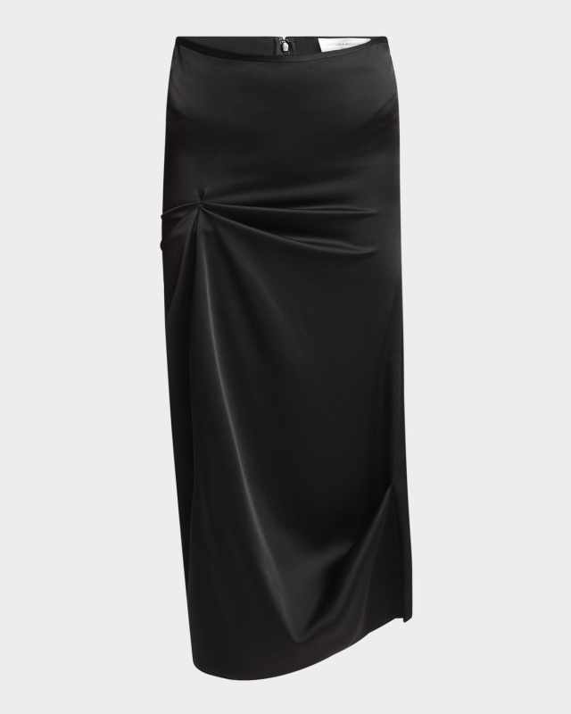 Draped Pleat Satin Midi Skirt